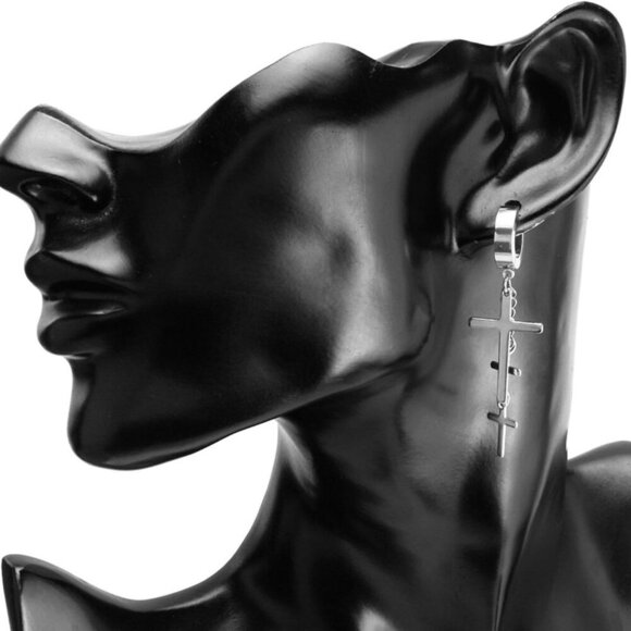 Contemporary Cross Tassel Hoop Earrings in Durable Stainless Steel - 2 Pairs - Picture 6 of 7